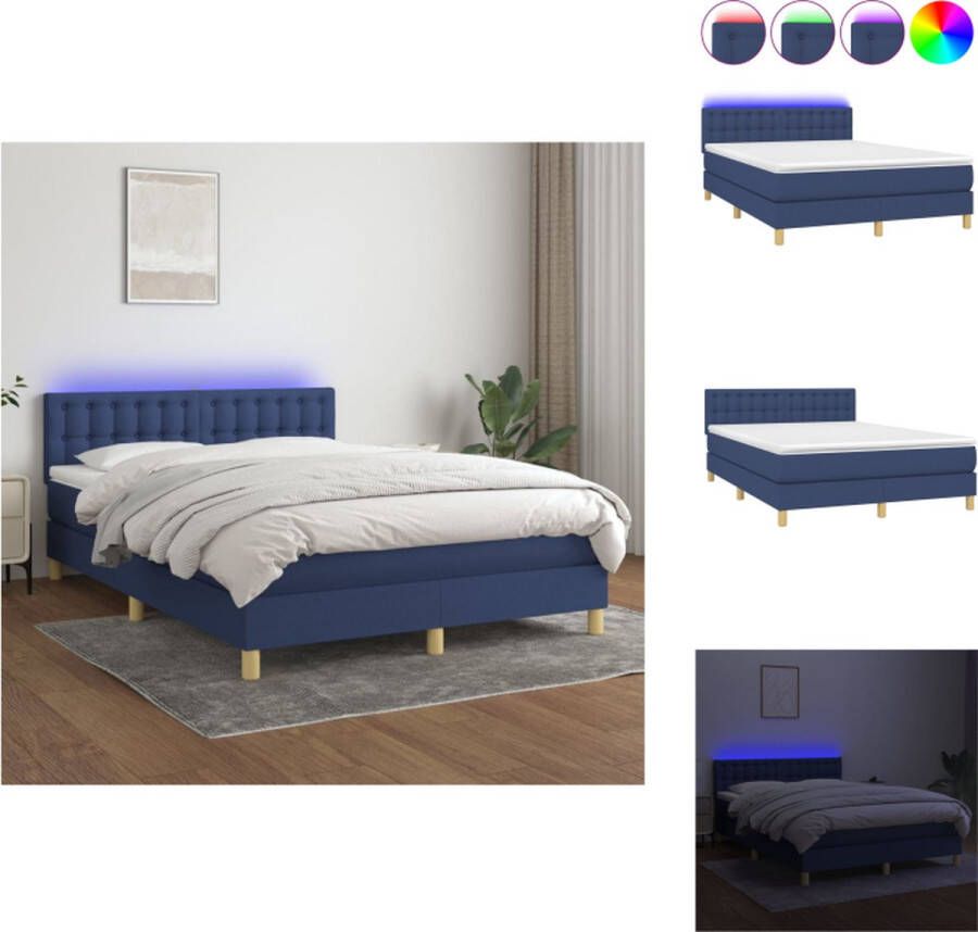 VidaXL Boxspring Bed LED Blauw 193 x 144 x 78 88 cm Pocketvering matras Huidvriendelijk topmatras Bed