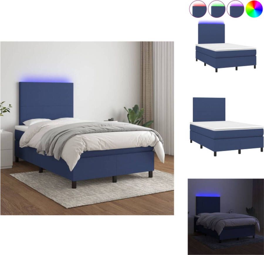 VidaXL Boxspring Bed LED Blauw 203 x 120 x 118 128 cm Pocketvering matras Huidvriendelijk topmatras Met montagehandleiding Bed - Foto 1
