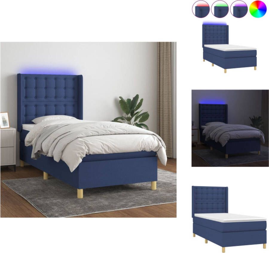 VidaXL Boxspring Bed LED Blauw 203 x 83 x 118 128 cm Pocketvering Matras Wit en Blauw 80 x 200 x 20 cm Bedtopmatras Wit 80 x 200 x 5 cm LED-strip 55 cm DC 5 V IP65 Bed