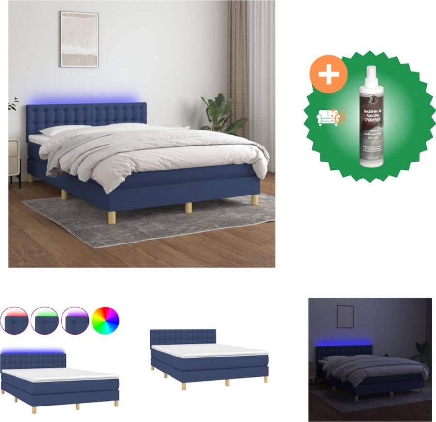 VidaXL Boxspring Bed LED Duurzaam Verstelbaar hoofdbord Pocketvering matras Huidvriendelijk topmatras Blauw Bed Inclusief Reiniger