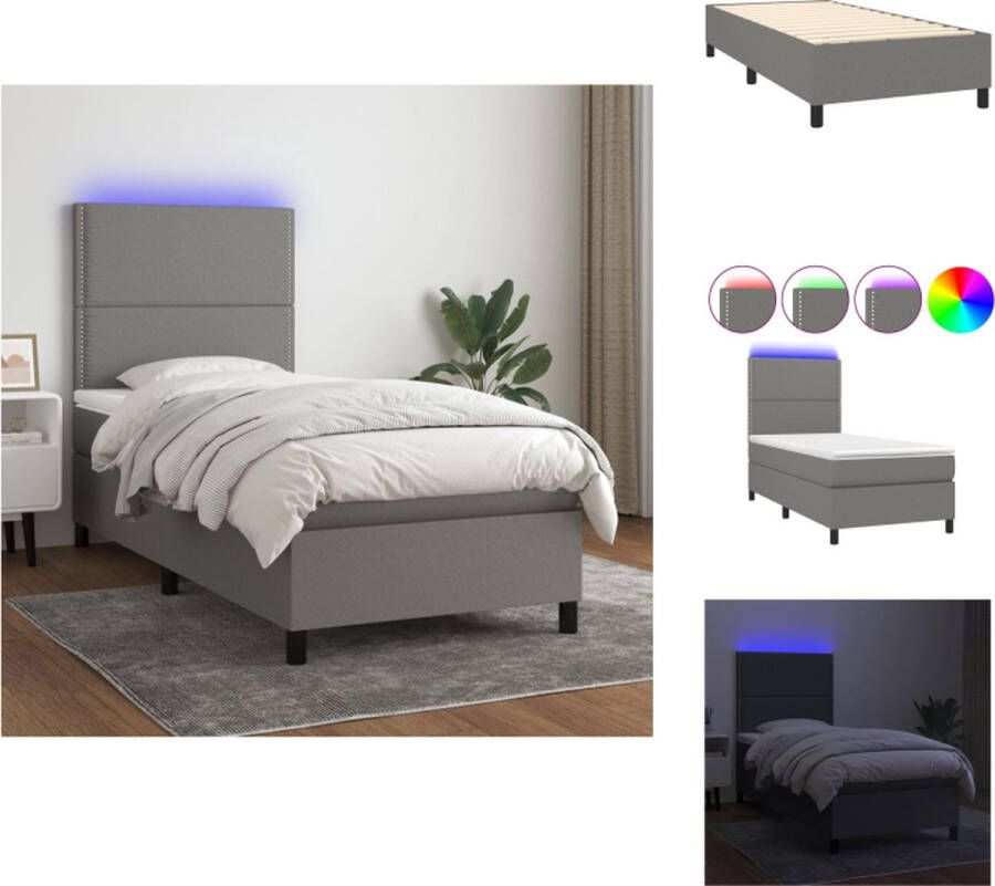 VidaXL Boxspring Bed LED Duurzaam Verstelbaar hoofdbord Pocketvering matras Huidvriendelijk topmatras Kleurrijke LED-verlichting 193x90x118 128 cm Donkergrijs Bed