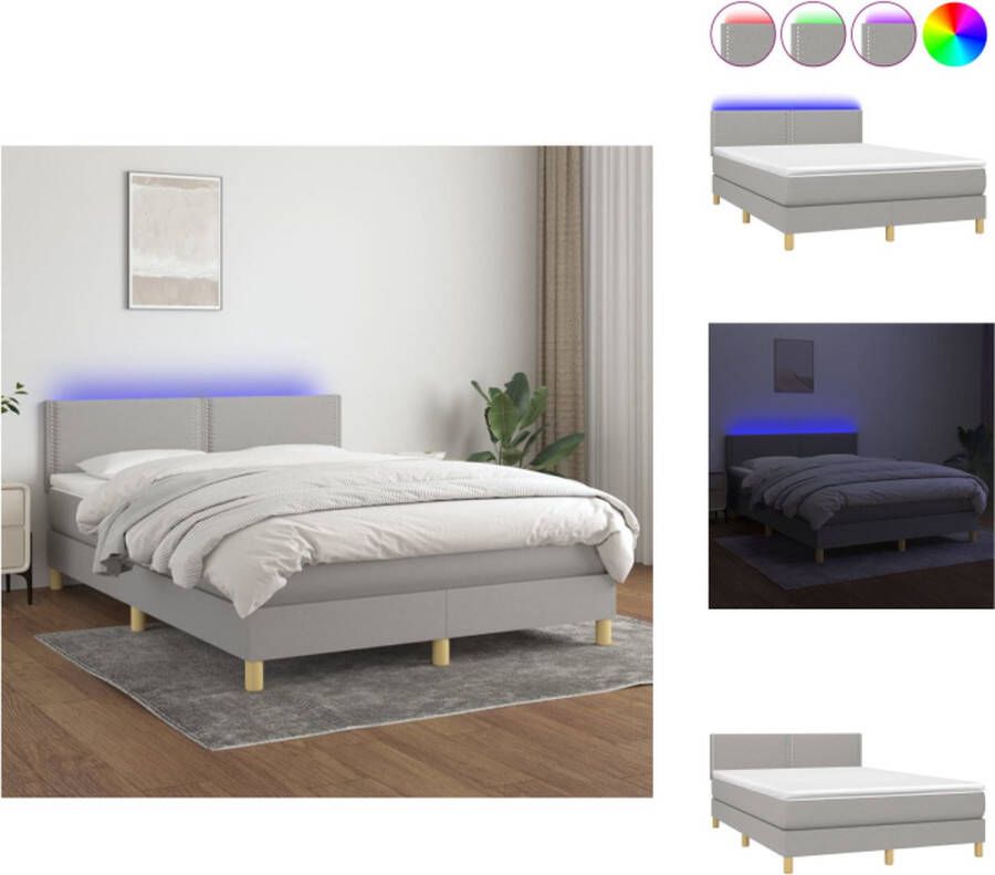 VidaXL Boxspring Bed LED Duurzaam Verstelbaar Pocketvering Matras Huidvriendelijk Topmatras Lichtgrijs 193x144x78 88cm Bed