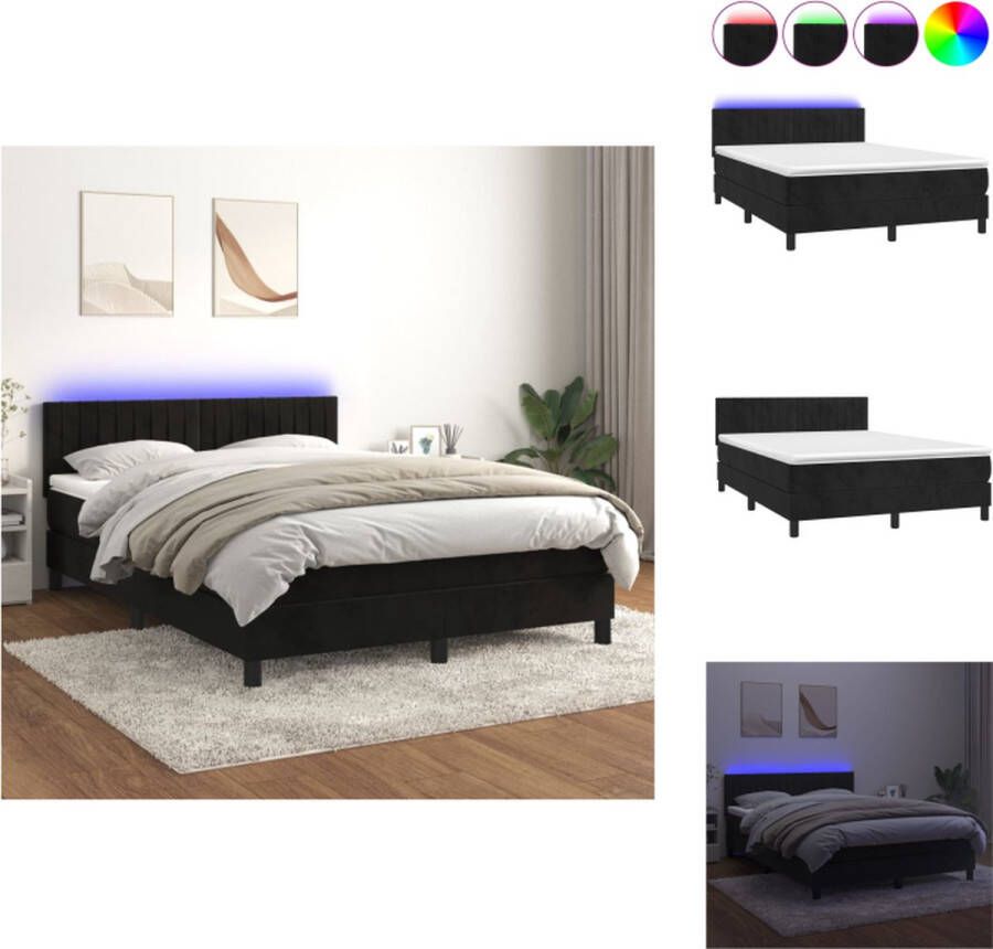 VidaXL Boxspring Bed LED Fluweel Hoofdbord Pocketvering Topmatras Zwart 203x144x78 88 cm Bed - Foto 1