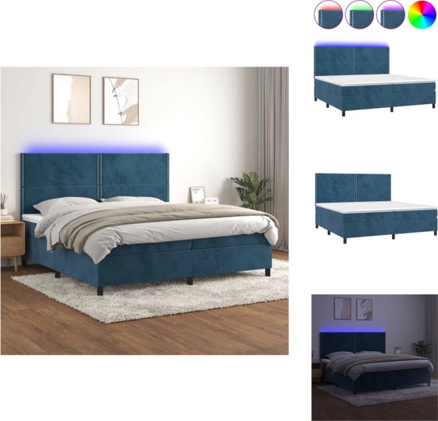 VidaXL Boxspring Bed LED Fluweel Pocketvering Huidvriendelijk topmatras 203x200x118 128 cm Donkerblauw Bed