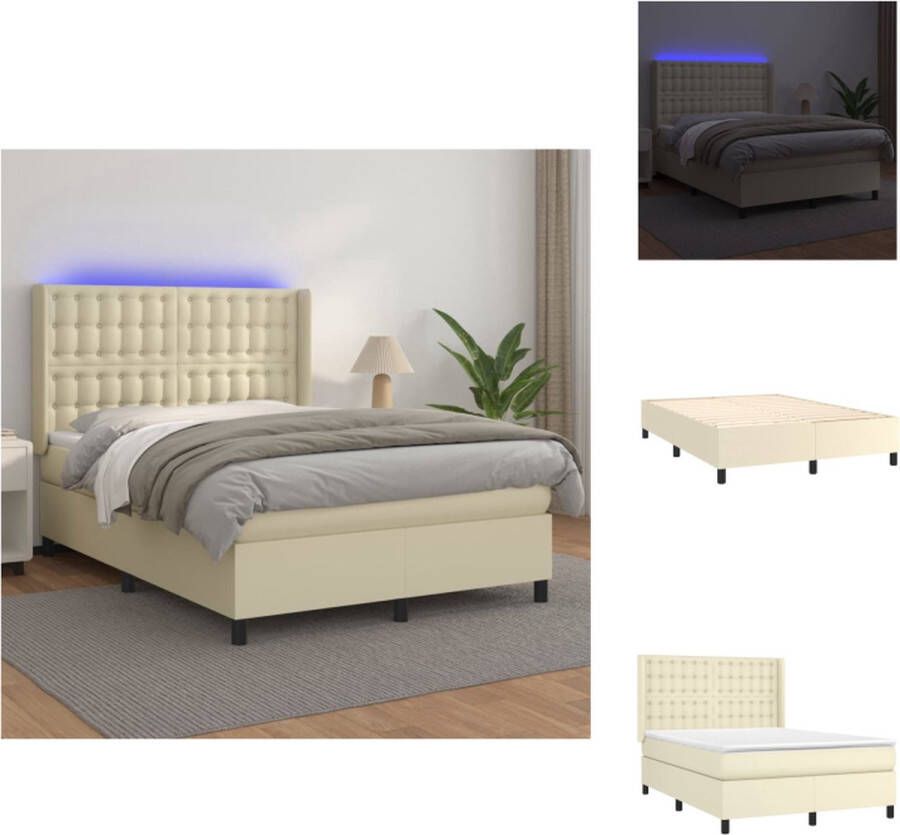 VidaXL Boxspring Bed LED Kunstleer Pocketvering Crème 193 x 147 x 118 128 cm 140 x 190 x 20 cm 140 x 190 x 5 cm Bed