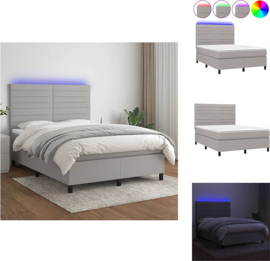 VidaXL Boxspring Bed LED Lichtgrijs 193 x 144 x 118 128 cm Pocketvering matras Huidvriendelijke topmatras Bed - Foto 1