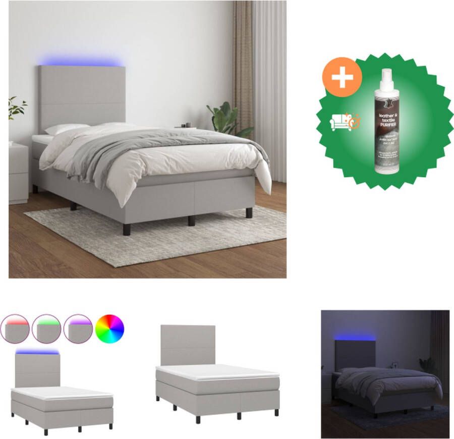 vidaXL Boxspring Bed LED lichtgrijs 203x120x128 cm pocketvering matras huidvriendelijk verstelbaar hoofdbord kleurrijke LED-verlichting Bed Inclusief Reiniger