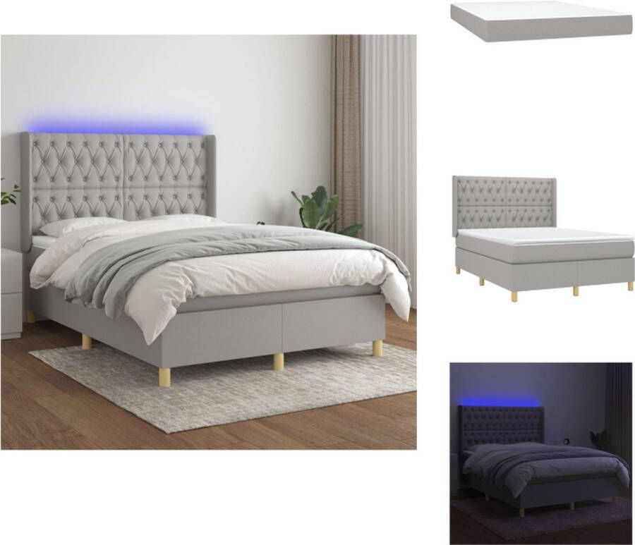 VidaXL Boxspring Bed LED Lichtgrijs 203x147x118 128cm Pocketvering matras Huidvriendelijk topmatras Inclusief LED-strips Bed