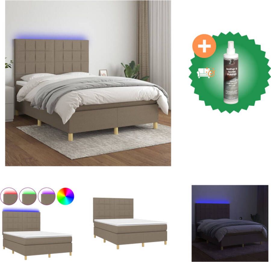 VidaXL Boxspring Bed LED Pocketvering Huidvriendelijk 140x190 cm Taupe Wit Bed Inclusief Reiniger