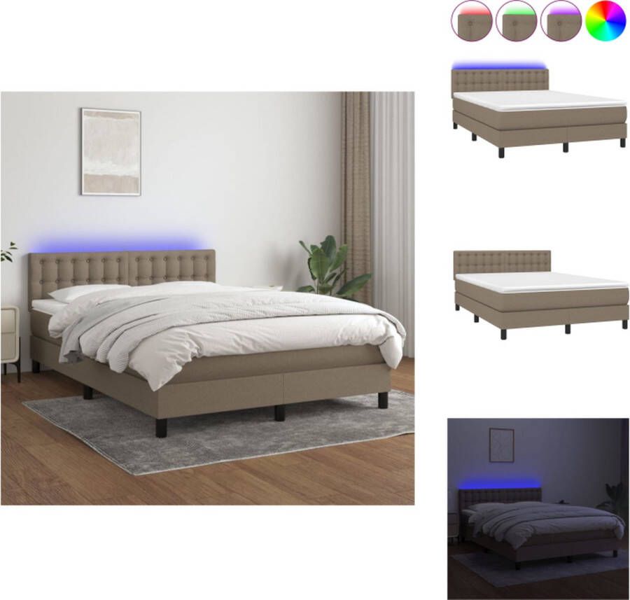VidaXL Boxspring Bed LED Pocketvering matras Huidvriendelijk topmatras 203 x 144 cm Taupe Bed
