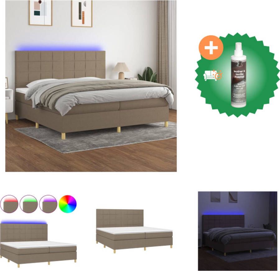 VidaXL Boxspring Bed LED Pocketvering Matras Huidvriendelijk Topmatras 203x200x128 cm Taupe Bed Inclusief Reiniger
