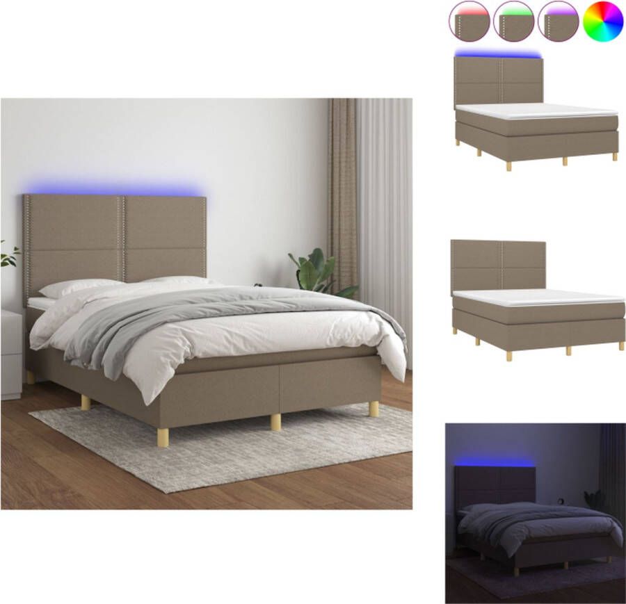 VidaXL Boxspring Bed LED Taupe 193x144x118 128 cm Pocketvering matras Huidvriendelijk topmatras Bed - Foto 1