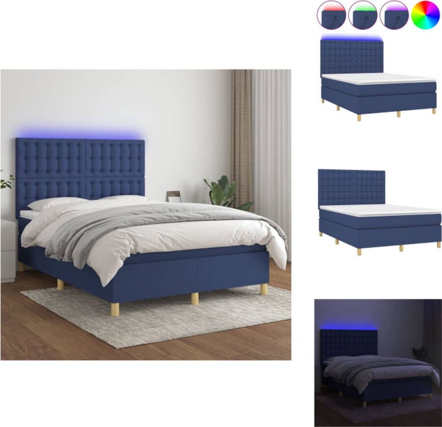 VidaXL Boxspring Bed LED Verlichting Blauw 193x144x118 128 cm Pocketvering Matras Huidvriendelijk Topmatras Bed