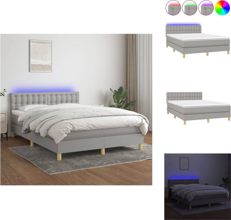 VidaXL Boxspring Bed LED Verlichting Pocketvering Matras Huidvriendelijk Matrasbeschermer Lichtgrijs 193 x 144 x 78 88 cm Bed