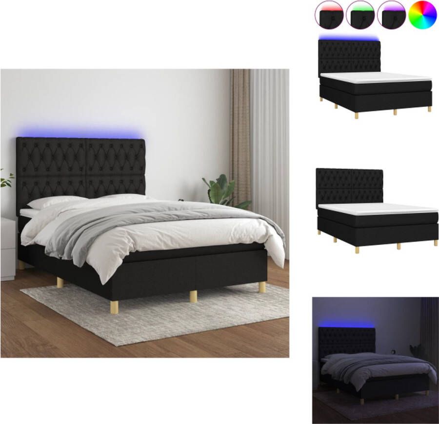 VidaXL Boxspring Bed LED Verlichting Pocketvering Matras Huidvriendelijk Topmatras 203 x 144 x 118 128 cm Zwart Bed
