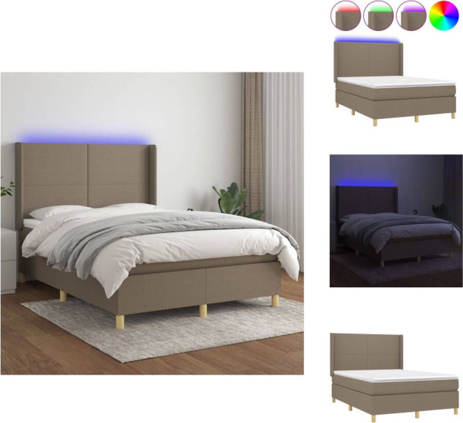 VidaXL Boxspring Bed LED Verlichting Pocketvering Matras Huidvriendelijk Topmatras Taupe Afm 203x147x118 128cm Bed