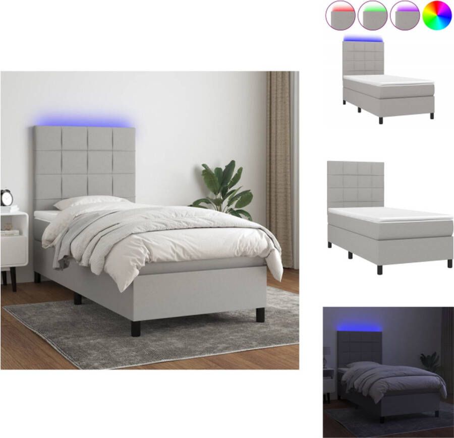 VidaXL Boxspring Bed lichtgrijs 203x90x118 128cm LED verlichting pocketvering matras huidvriendelijk topmatras Bed - Foto 1