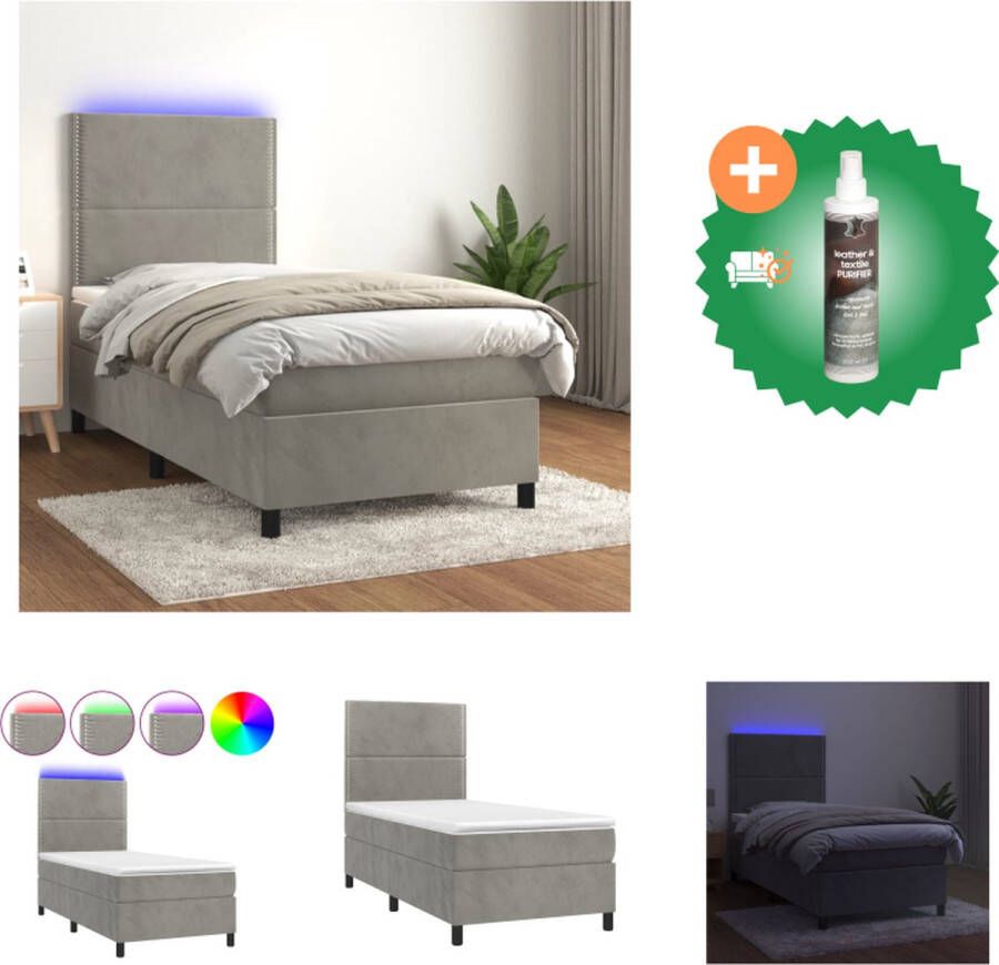 VidaXL Boxspring Bed lichtgrijs fluweel 203x100x118 128 cm met verstelbaar hoofdbord en kleurrijke LED-verlichting Bed Inclusief Reiniger