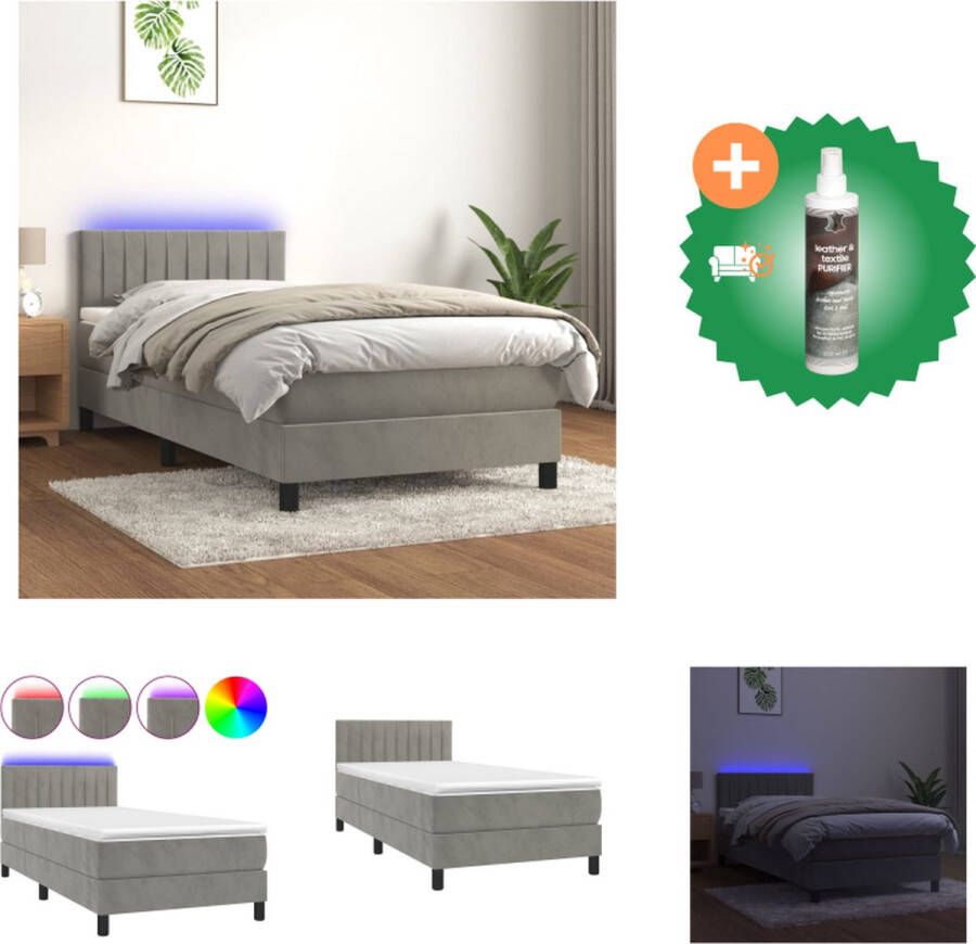 VidaXL Boxspring Bed Lichtgrijs Fluweel 203x90x78 88cm Verstelbaar hoofdbord Kleurrijke LED-verlichting Pocketvering matras Huidvriendelijk topmatras Inclusief montagehandleiding Bed Inclusief Reiniger