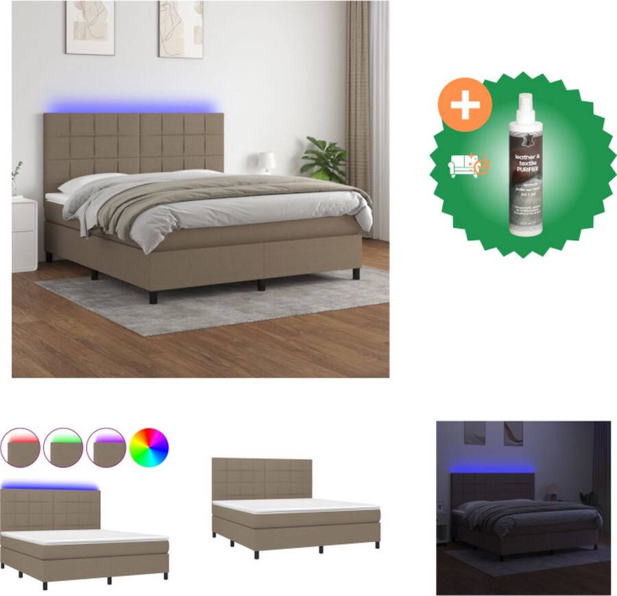 vidaXL Boxspring Bed met LED 203x160x118 128 cm taupe pocketvering matras huidvriendelijk topmatras kleurrijke LED-verlichting Bed Inclusief Reiniger