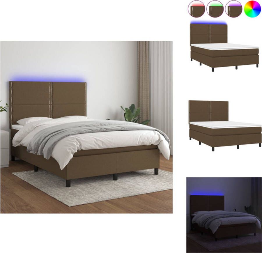 VidaXL Boxspring Bed met LED Donkerbruin 203 x 144 cm Verstelbaar hoofdbord Pocketvering matras Huidvriendelijk topmatras Kleurrijke LED-verlichting Bed