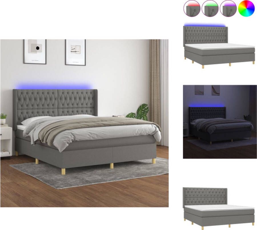 VidaXL Boxspring Bed met Matras en LEDverlichting 160 x 200 cm Donkergrijs Bed - Foto 1