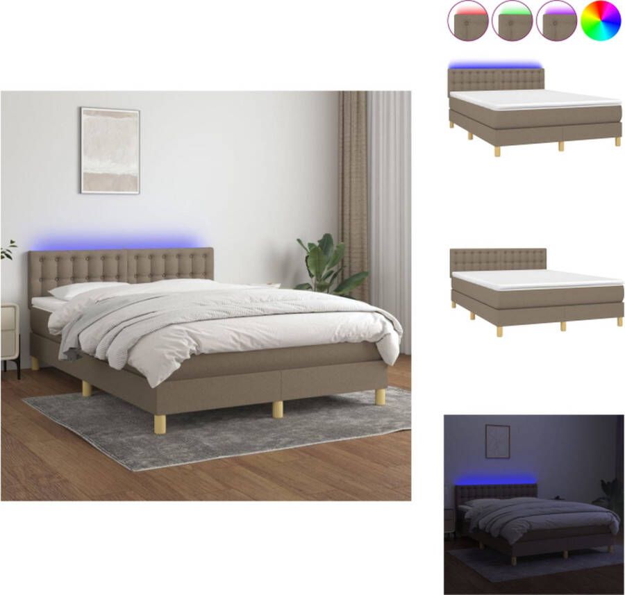 VidaXL Boxspring Bed Pocketvering Matras LED Verlichting 140 x 190 cm Taupe Bed