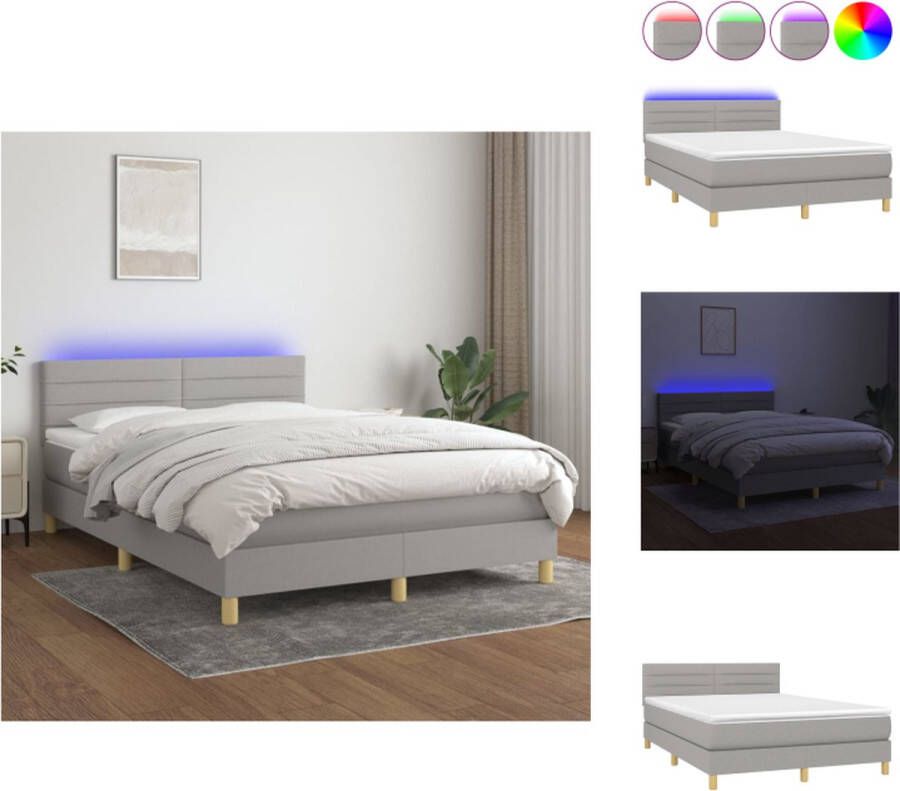 VidaXL Boxspring Bed Pocketvering Matras LED-Verlichting Lichtgrijs 203x144x78 88cm Bed