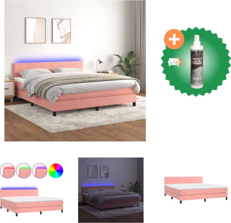 VidaXL Boxspring Bed Roze Fluweel 203 x 180 x 78 88 cm LED-verlichting Pocketvering Matras Huidvriendelijk Topmatras Bed Inclusief Reiniger