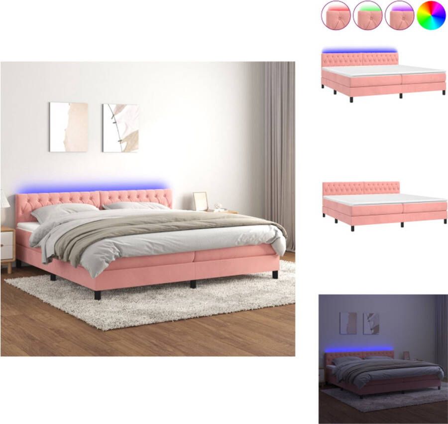 VidaXL Bed Boxspring 203 x 200 x 78 88 cm Roze Fluweel Pocketvering Matras Huidvriendelijk Topmatras Kleurrijke LED-verlichting USB aansluiting Bed