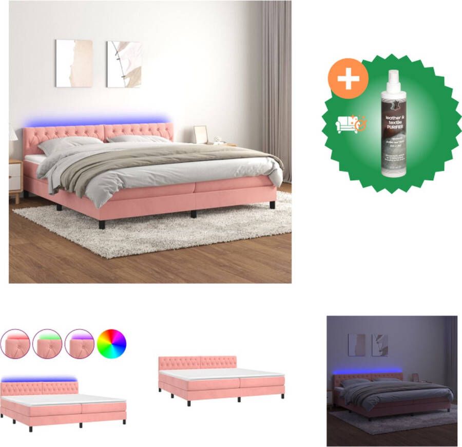 VidaXL Boxspring Bed Roze Fluweel 203 x 200 x 78 88 cm Pocketvering Matras Huidvriendelijk topmatras Met Kleurrijke LED Bed Inclusief Reiniger