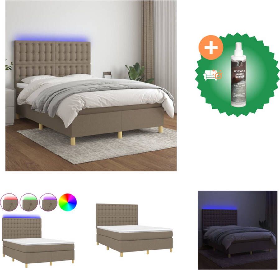 VidaXL Boxspring Bed Taupe 203 x 144 cm Verstelbaar hoofdbord LED-verlichting Pocketvering matras en Huidvriendelijk topmatras Bed Inclusief Reiniger