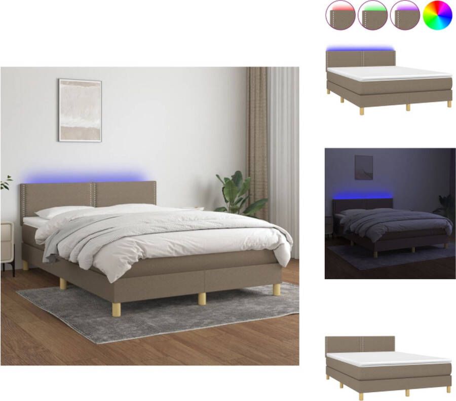 VidaXL Boxspring Bed Taupe 203 x 144 x 78 88 cm Verstelbaar hoofdbord Kleurrijke LED-verlichting Pocketvering matras Huidvriendelijk topmatras Inclusief montageset Bed