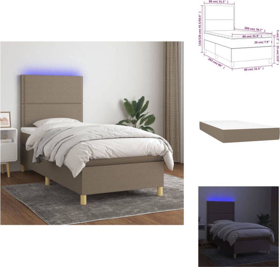 VidaXL Boxspring Bed Taupe 203x80x118 128 cm LED-verlichting Pocketvering matras Huidvriendelijk topmatras Bed