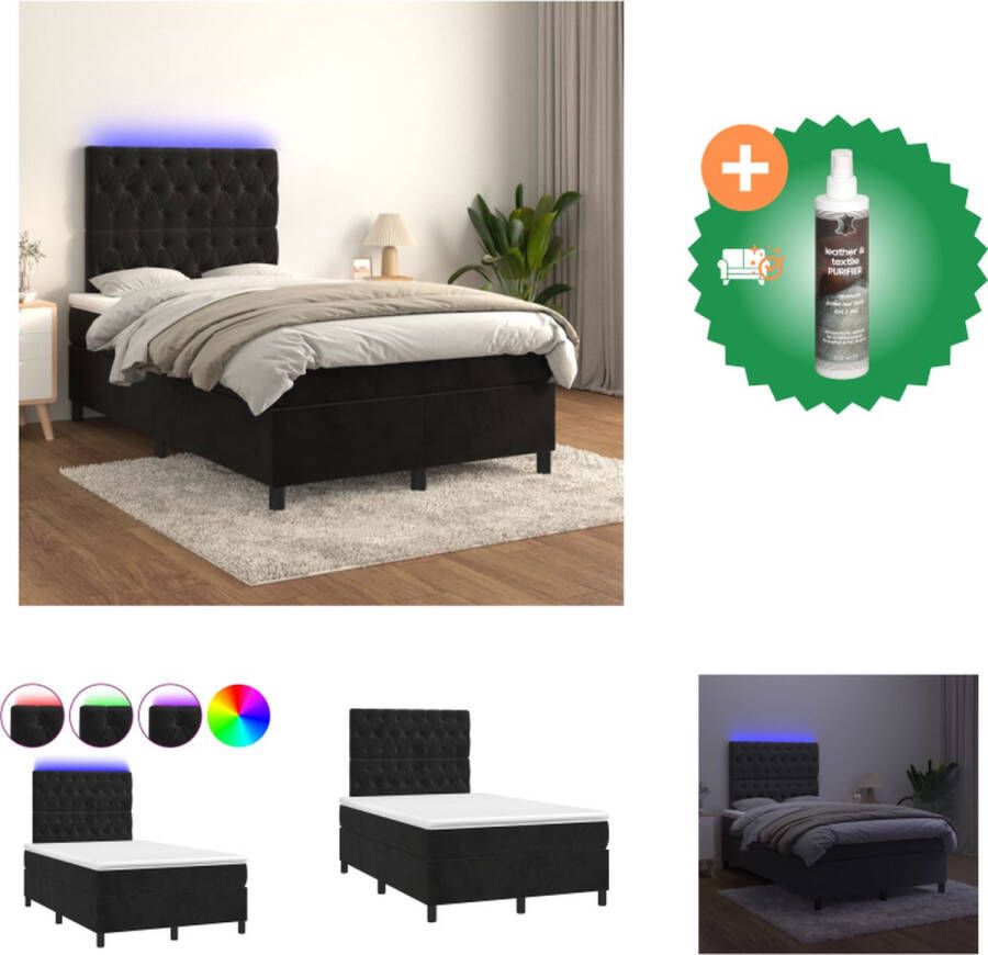 VidaXL Boxspring Bed Zwart Fluweel 203 x 120 x 118 128 cm Verstelbaar hoofdbord Kleurrijke LED-verlichting Pocketvering matras Huidvriendelijk topmatras USB-aansluiting Bed Inclusief Reiniger