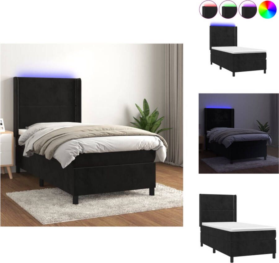 VidaXL Boxspring Bed Zwart fluwelen bedframe Pocketvering matras Huidvriendelijk topmatras Kleurrijke LED-verlichting Bed
