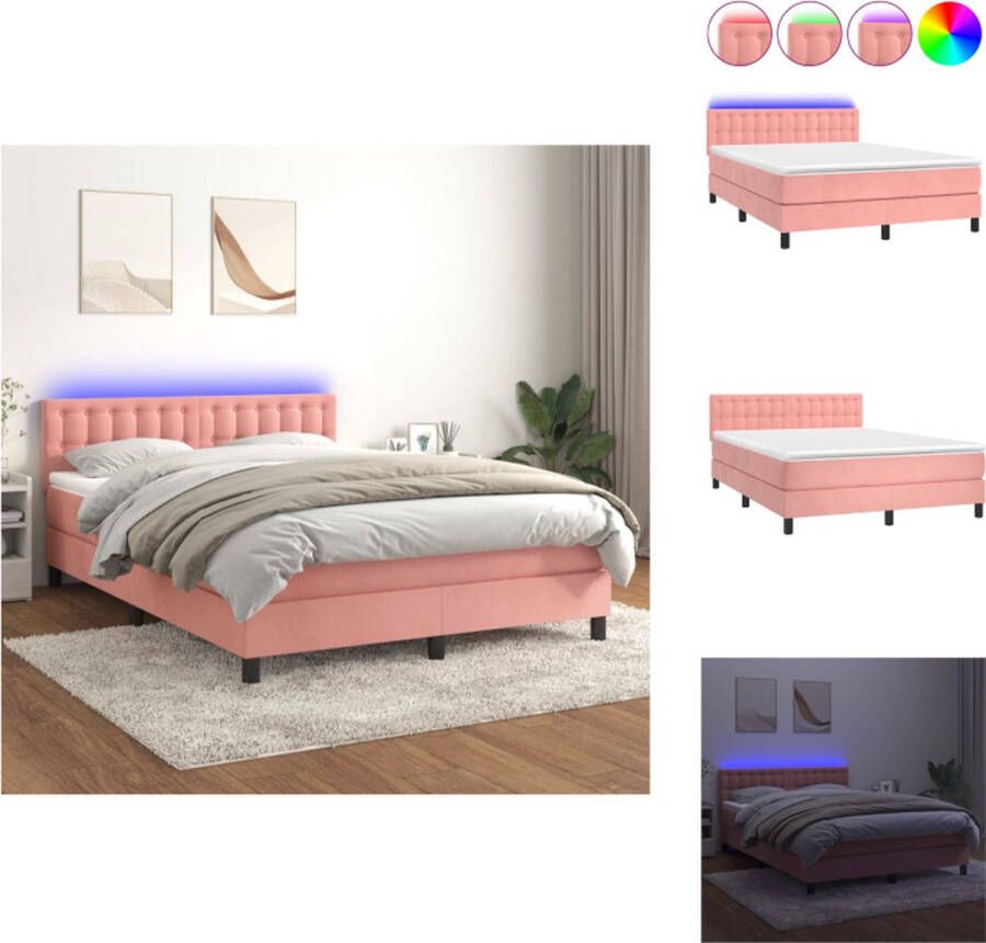 VidaXL Boxspring Bedframe met verstelbaar hoofdbord 193 x 144 cm Zacht fluweel roze Pocketvering matras Huidvriendelijk topmatras Kleurrijke LED-verlichting Bed