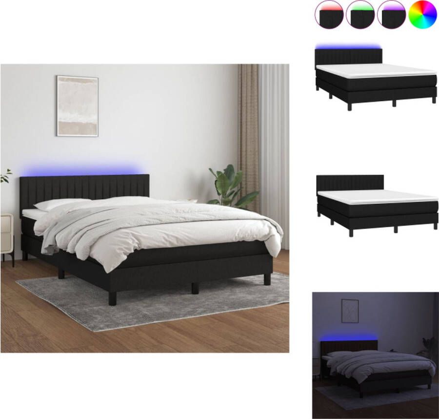 VidaXL Boxspring Bedframe met verstelbaar hoofdbord 203x144x78 88cm LED-verlichting Pocketvering matras Huidvriendelijk topmatras Kleur- zwart wit Bed