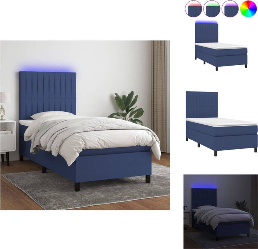 VidaXL Boxspring Blauw 193 x 90 x 118 128 cm LED Pocketvering matras Huidvriendelijk topmatras Bed - Foto 1