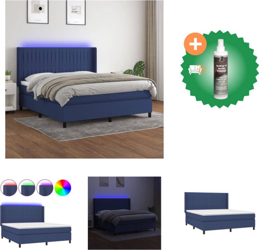 VidaXL Boxspring Blauw 203x183x118 128 cm Duurzaam Hoofdbord verstelbaar Kleurrijke LED-verlichting Pocketvering matras Huidvriendelijk topmatras Inclusief montagehandleiding Exclusief 5V USB-adapter Bed Inclusief Reiniger - Foto 3