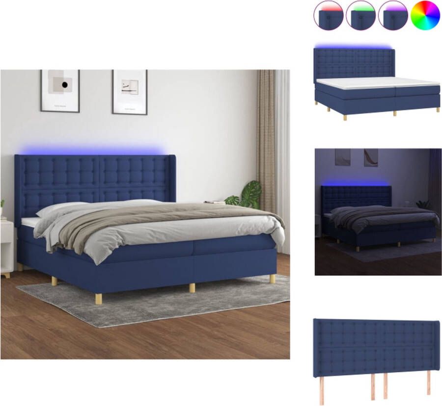 VidaXL Boxspring Blauw Bed 203 x 203 x 118 128 cm Met LED-verlichting en Pocketvering Matras Bed
