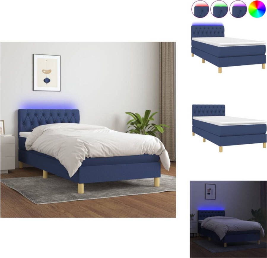 VidaXL Boxspring Blauw Bedframe 193x90x78 88 cm Matras 90x190x20 cm Topmatras 90x190x5 cm LED Strip 55 cm Bed