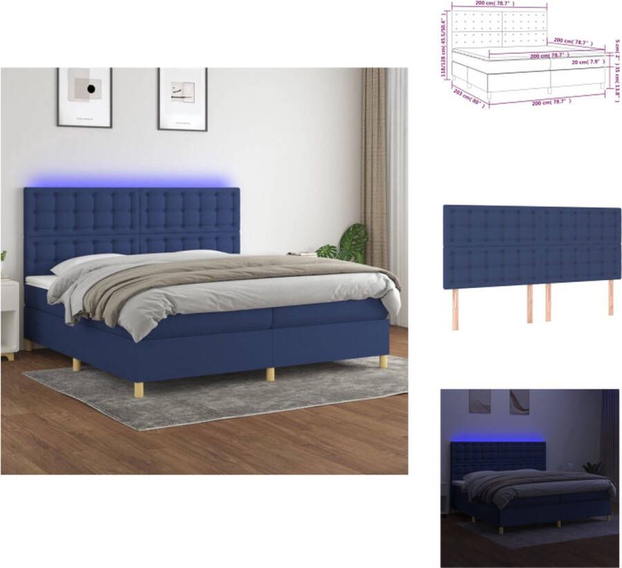 VidaXL Boxspring Blauw Bedframe 203x200x118 128 cm Matras 100x200x20 cm Topmatras 200x200x5 cm LED Bed