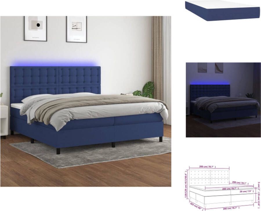 VidaXL Boxspring Blauw Bedframe met LED en Pocketvering Matras Hoogte Verstelbaar Hoofdbord Huidvriendelijk Topmatras Incl Montagehandleiding Bed