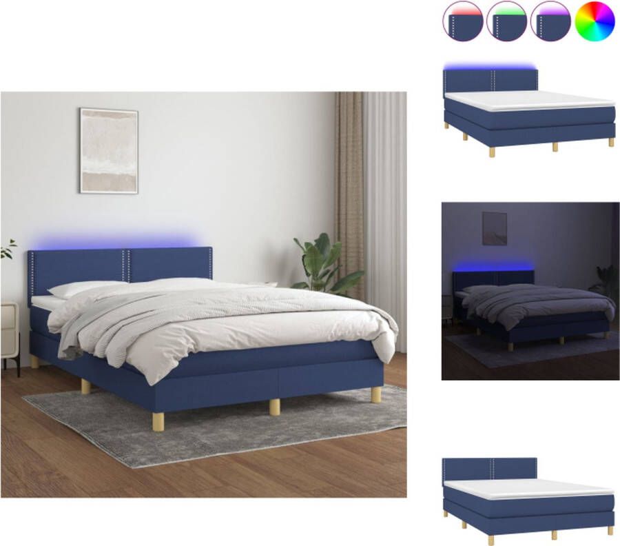 VidaXL Boxspring Blauw Multiplex 193 x 144 cm Verstelbaar hoofdbord LED-verlichting Pocketvering matras Huidvriendelijk topmatras Bed