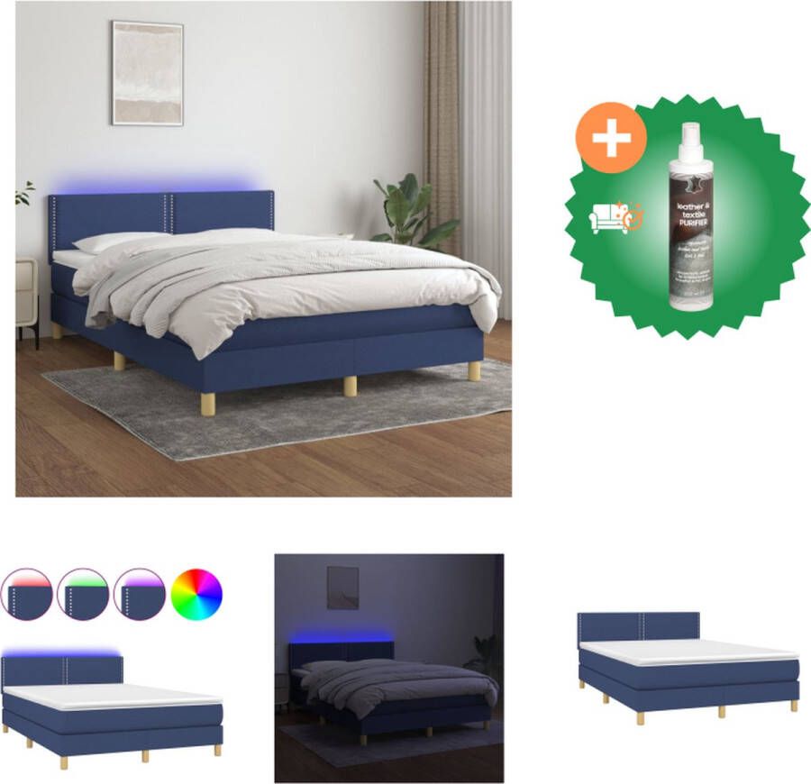 VidaXL Boxspring LED 140x190 Blauw Comfort en Duurzaamheid Verstelbaar hoofdbord Kleurrijke LED-verlichting Pocketvering matras Huidvriendelijk topmatras Montagehandleiding inbegrepen USB-aansluiting Bed Inclusief Reiniger