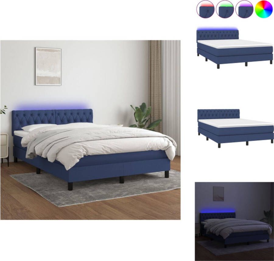 VidaXL Boxspring Blauw Stoffen Bed 203x144x78 88 cm Met Verstelbaar Hoofdbord en Kleurrijke LED-verlichting Pocketvering Matras Huidvriendelijk Topmatras Bed