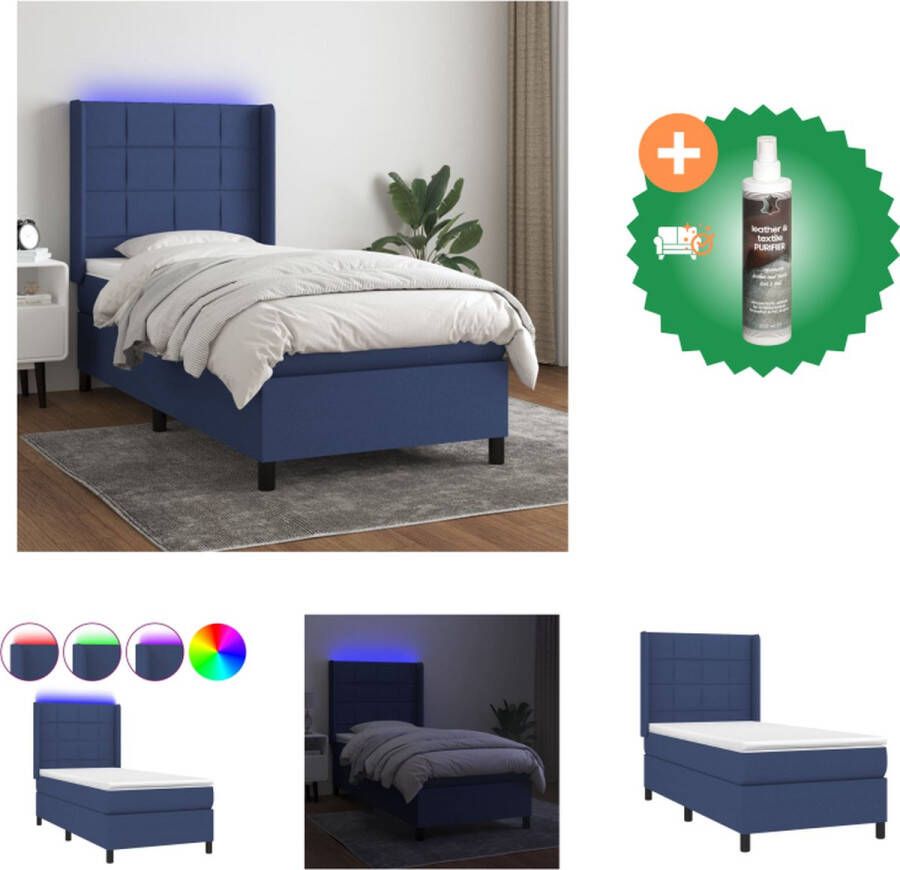vidaXL Boxspring Blue Pocketvering Matras 90x200 Hoog Hoofdbord LED Bed Inclusief Reiniger