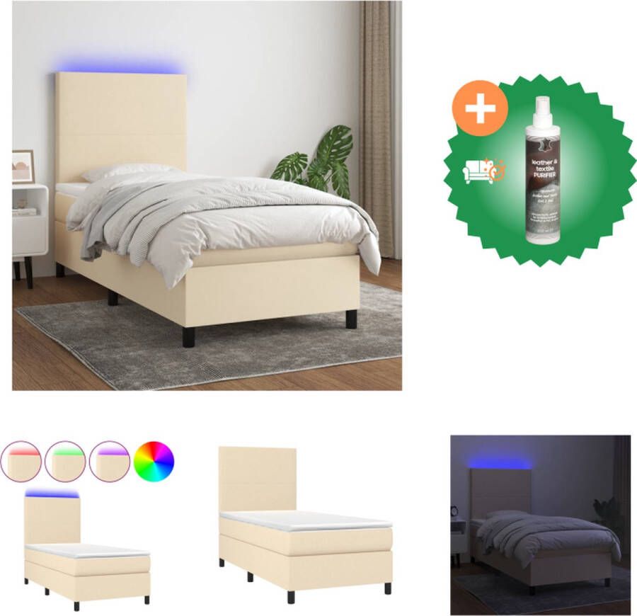 VidaXL Boxspring Bed Crème 193x90x118 128 cm Verstelbaar hoofdbord Kleurrijke LED-verlichting Pocketvering matras Huidvriendelijk topmatras Incl montagehandleiding en LED-strip Bed Inclusief Reiniger