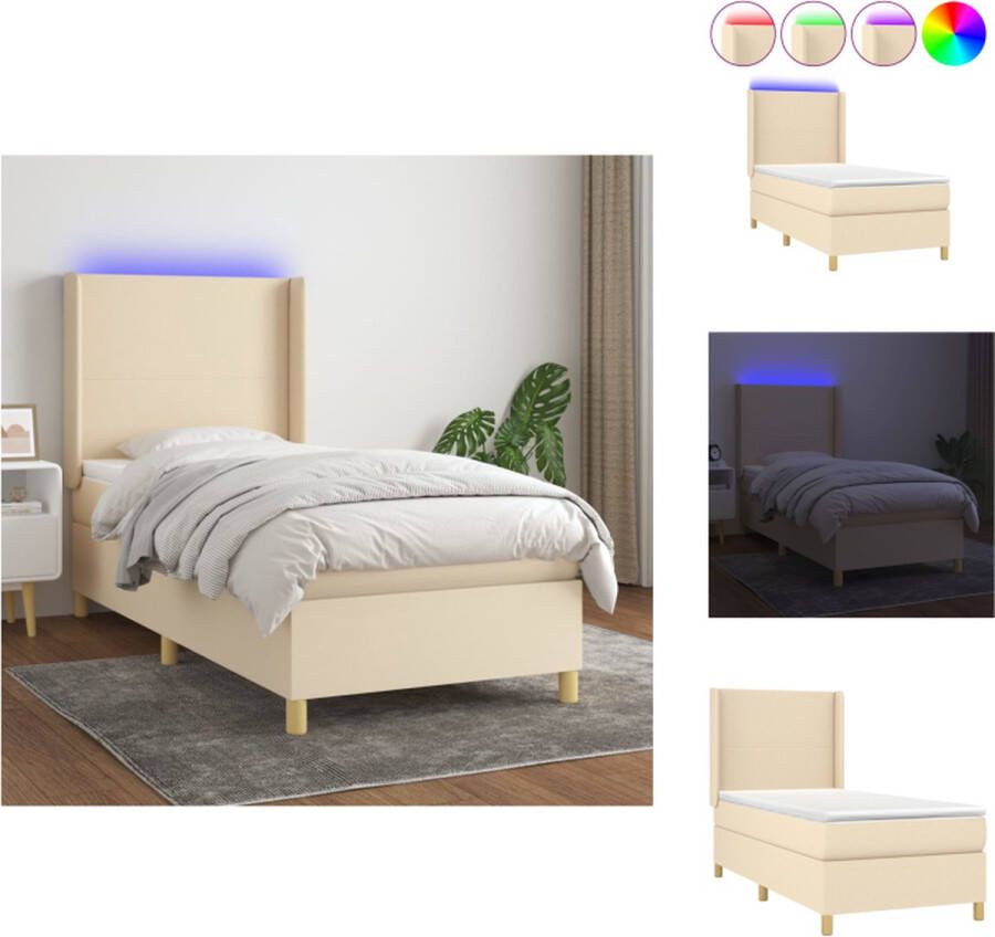 VidaXL Boxspring Crème 193 x 93 x 118 128 cm Verstelbaar hoofdbord Kleurrijke LED-verlichting Pocketvering matras Huidvriendelijk topmatras USB-aansluiting Bed